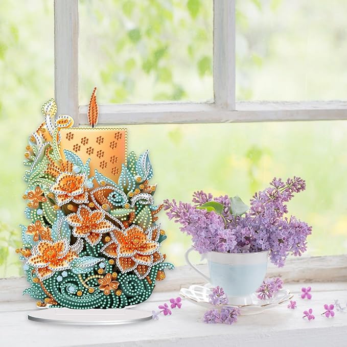 5D Diamond Art Candle Ornaments Kits, DIY Christmas Flower Candle Diamond Art Painting Desktop Ornament, Special Shaped Crystal Diamond Art Painting Tabletop Home Office Decor-04-Flower Candle