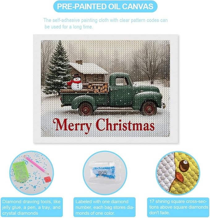 AIVKIEJK Diamond Painting Kits for Adults - Christmas Truck with Snowman & Cabin Winter Painting DIY 5D Full Drill Diamond Dots Paintings with Diamonds Gem Art and Crafts Home Decor 12"x16"