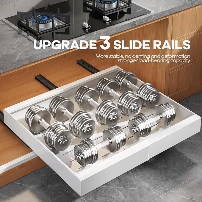 2 Pack Expandable (15.1"-26.3") Pull Out Cabinet Organizer 21" Deep With Raising Pad for Framed Cabinets,Upgrade 3 Slide Rails Slide Out Drawers,No Drill Roll Out Shelves Adhesive,White