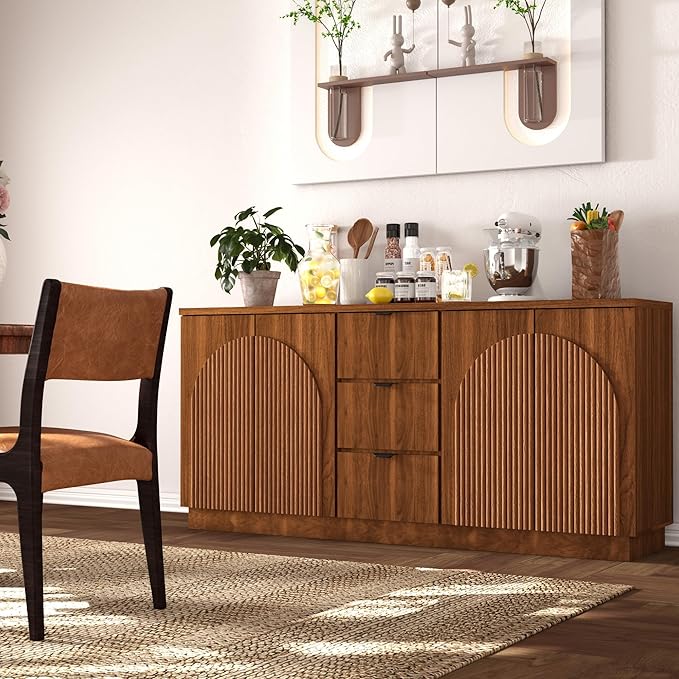 Brafab 67" Mid Century Modern Style Storage Sideboard with 4 Arched Reeded Design Doors and 3 Drawers with Adjustable Shelves, Suitable for Living Rooms, Studies and Dining Rooms (Walnut, 2 PCS)