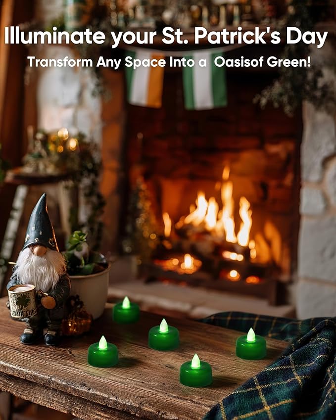 Amagic 12 Pack Green Flameless LED Tea Lights Candles Battery Operated, Electric Fake Tealight Candles for Party, Wedding, Table Centerpiece, Home Decor, Mardi Gras, Halloween, Christmas, St. Patrick