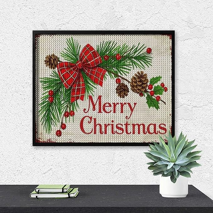 AIVKIEJK Diamond Painting Kits for Adults - Merry Christmas Holly, Pine Cones & Red Plaid Bow Painting DIY 5D Full Drill Diamond Dots Paintings with Diamonds Gem Art and Crafts Home Decor 16"x20"