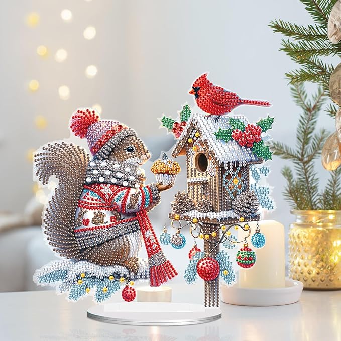 5D Diamond Art Painting Ornament Kits Birdhouse and Squirrel, DIY Diamond Art Painting Desktop Ornament, Special Shaped Crystal Rhinestone Diamond Art Table Top Home Office Christmas Decor (24x24cm)