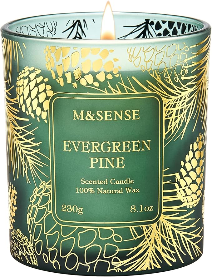 M&SENSE Evergreen Pine Vegan Soy Candles, 8.1oz 42-Hour Slow Burning Non Toxic, Winter Aromatherapy Candle for Calming Home Fragrance, Housewarming New Year Gifts
