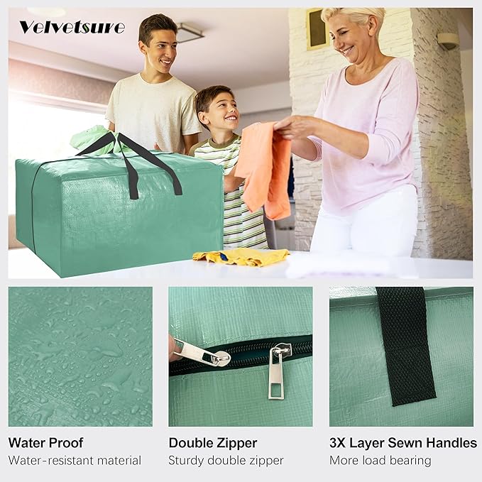 VELVETSURE 12 Pack Heavy Duty Large Moving Bags W/Backpack Straps - Strong Handles & Zippers, Storage Totes For Space Saving, Fold Flat, Alternative to Moving Box and Storage Bin, Teal