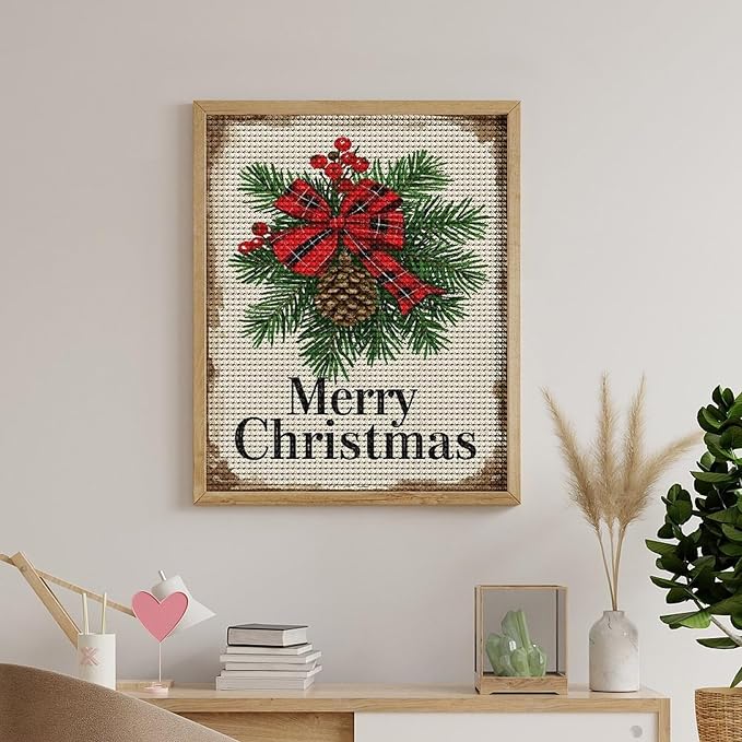AIVKIEJK Diamond Painting Kits for Adults - Merry Christmas Holly, Pine Cones & Red Plaid Bow Painting DIY 5D Full Drill Diamond Dots Paintings with Diamonds Gem Art and Crafts Home Decor 16"x20"