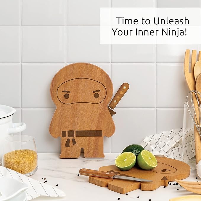 OTOTO Cutting Board Wooden & Plastic Cutting Boards for Kitchen, Fun & Spooky Kitchen Gadgets, Housewarming & Goth Gifts, Dishwasher Safe (Ninja, Wood)
