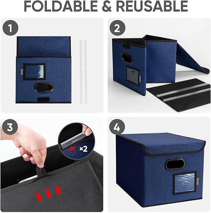 BALEINE File Organizer Box with Lid, Collapsible File Folder Organizer with Plastic Slide, Hanging File Folder Box for Office Document Storage (1 Pack, Blue)