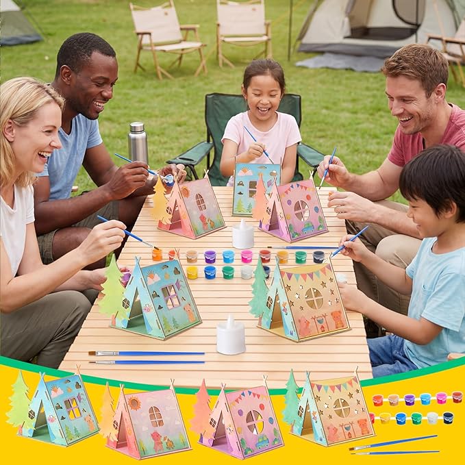 DoubleFill 12 Sets Camping Crafts Paint Camping Wood Tent with Flameless LED Candles and Acrylic Paint Kits for Crafts DIY Picture Frame Gifts Bulk Kids Summer Camp Party Favor for Home Vbs Sunday