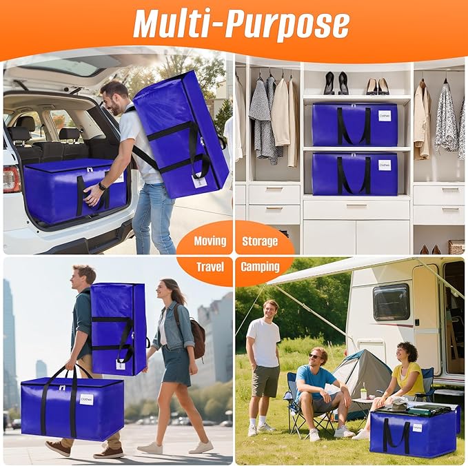 FabSpace 4-Pack Moving Bags with Backpack Straps & Carry Handles, 30 Gallons-125 L Heavy Duty Storage Totes for Space Saving, Foldable Storage Bags for College Dorm, Travel, Camping (Blue)
