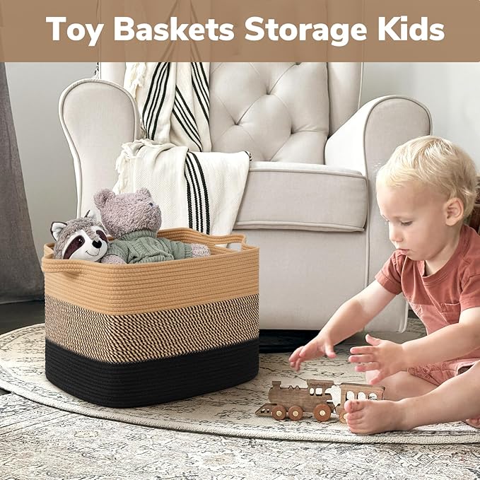 Goodpick Large Woven Basket 18" x 14" x 12" Cotton Rope Storage Baskets for Organizing, Rectangle Wicker Laundry Basket with Handles, Toy Baskets for Kids, Black & Jute