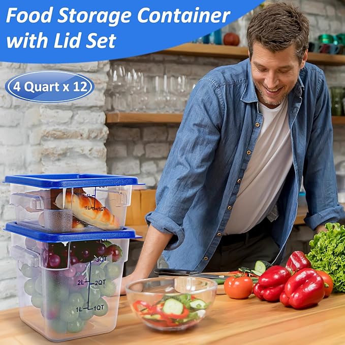 Yungyan 8 Pcs Restaurant Food Storage Containers with Lids Set 2Qt and 4Qt Commercial Restaurant Square Storage Containers Clear Food Cereal Container for Kitchen Freezer (Blue Lids)