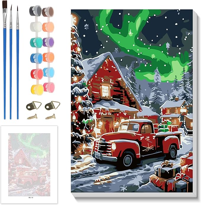Skyboda Christmas Paint by Numbers Kit for Adults Beginners with Frame, Christmas Tree Adult Paint by Number Kits on Canvas, Easy DIY Oil Painting Kits for Home Decor, 8x12in（Truck House Aurora）
