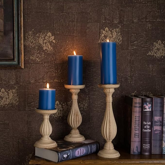 MOZEAL 3" x 6" Hand-Poured Unscented Candle,Dripless Pillar Candle Set of 3,Long Lasting Burning,Approx 120 Hours Burn Time,Rustic Country Style,for Wedding,Dinner,Christmas and Home Decor,Blue