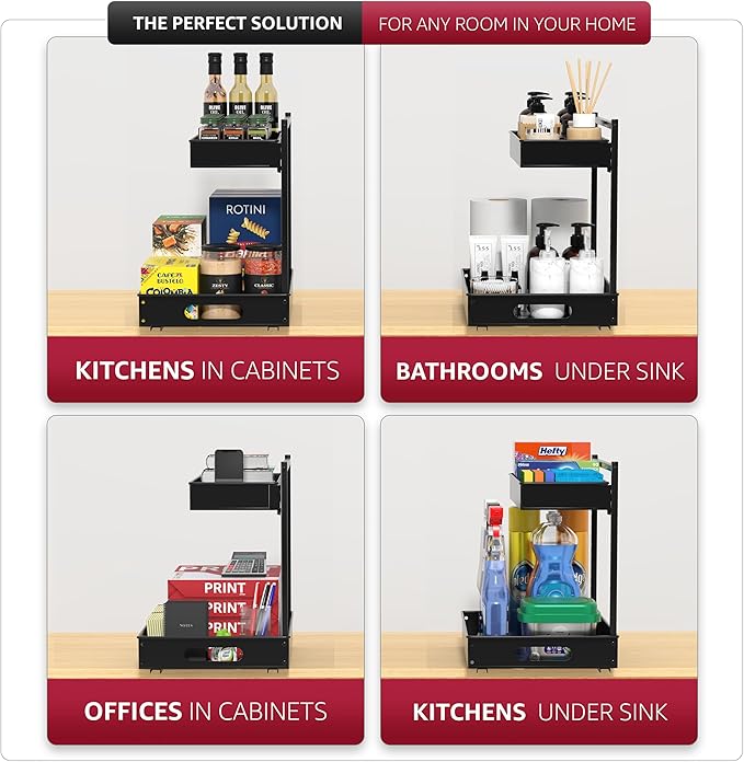 Sorbus Under Sink Organizer with Sliding Tracks – Pull Out Cabinet Organizer with Drawer & Installation Rails – Under Cabinet Bathroom Storage Organizer for Kitchen, Pantry, or Vanity –Black 1 Pack