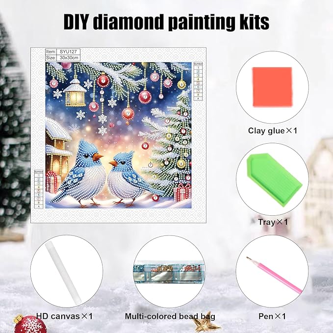 Diamond Art Painting Kits for Adults Christmas Bluebird, 5D Special Shape Diamond Art Kits for Beginners, Crystal Rhinestones Diamond Art Painting for Home Wall Christmas Decoration Gift 12×12inch
