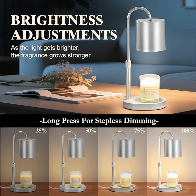 Dreamholder Electric Candle Warmer Lamp with Timer & Dimmer, Adjustable Height Wax Melt Warmer for Jar Candles, Wood Base Candle Melter, Floral Home Decor Gifts for Women, Mom, Silver
