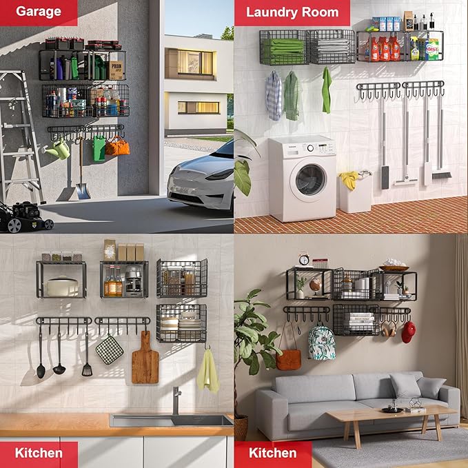 TomCare 2 Pack Garage Shelving Heavy Duty Garage Storage Shelves with Wire Baskets Laundry Room Shelves Wall Mounted shelving Tool Organizer for Shed Garden Kitchen Organization and Storage