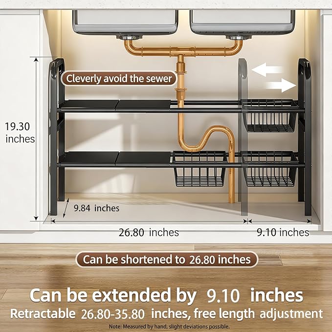 Under Sink Organizers – Expandable 2 Tier Under Cabinet Storage Rack with Adjustable Shelves, 4 Baskets & Panels, Heavy Duty Metal, Fits Around Pipes for Kitchen & Bathroom (White)