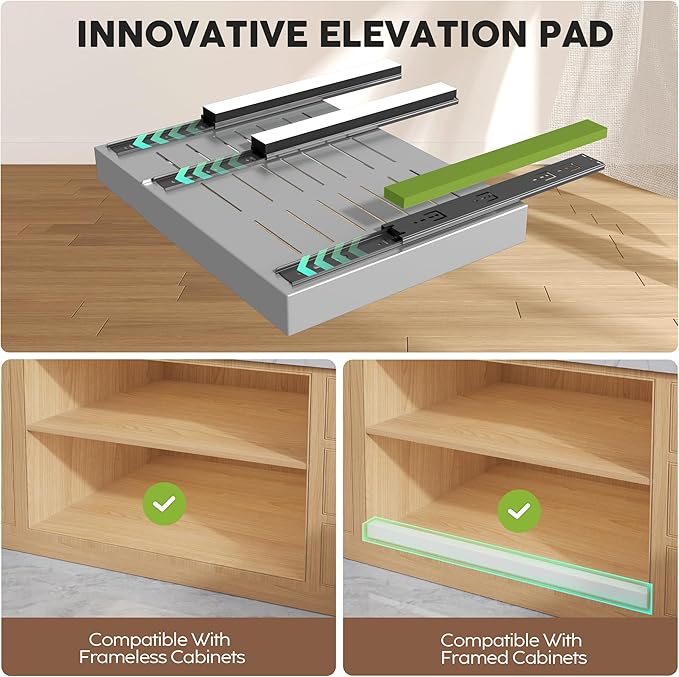 Seinloes 4 Pack Pull Out Cabinet Organizers 21" Deep With Raising Pad for Framed Cabinets, Expandable Slide Out Drawers with 4pcs Divider Racks, Roll Out Shelves, Adjustable Width 12"-20.45" Silver