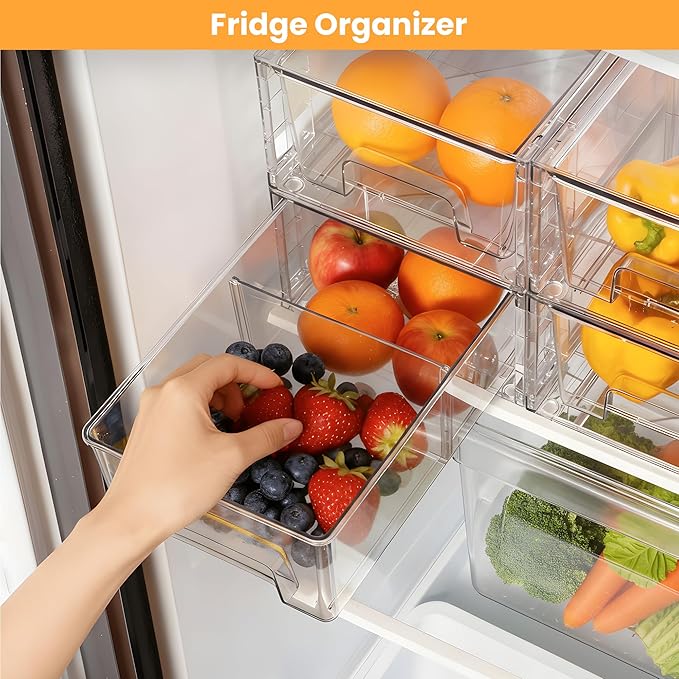 2 Pack Stackable Storage Drawers,Plastic Organizers Bins, Drawers Storage with Handles and Movable Dividers for Organization and Storage in Fridge,Bathroom, Pantry, Kitchen Cabinets, Under Sink
