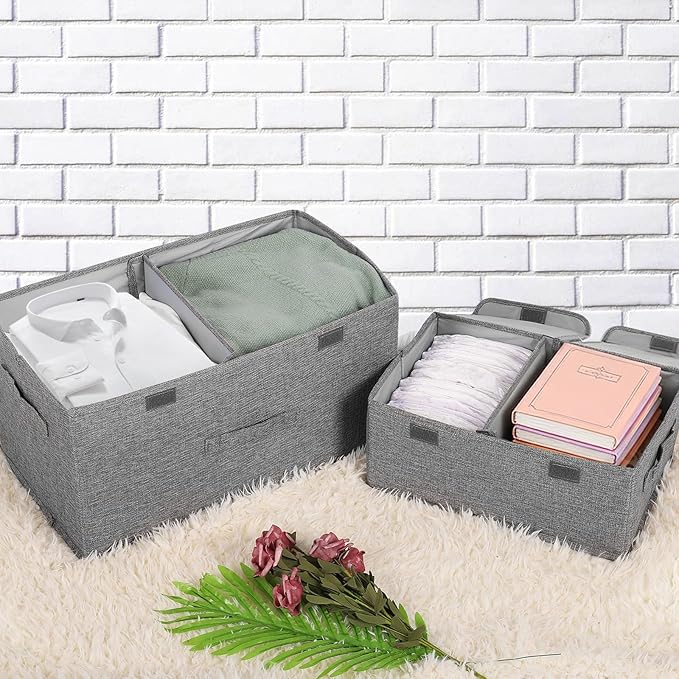 2 Pack Large Storage Boxes with Lids and Handles, Collapsible Linen Storage Bins Organizer Containers Baskets Cube with Removable Divider for Home Bedroom Closet Office (Pink, Small)
