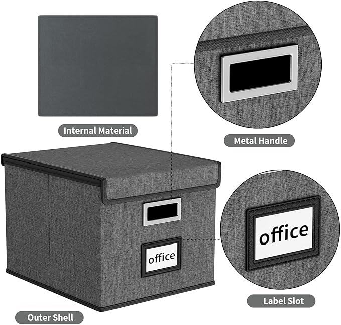 Huolewa File Organizer Box with Lid, Collapsible File Folder Organizer for Office Document Storage, Filing Box with Plastic Slide for Letter/Legal Size Hanging Files, Dark Grey