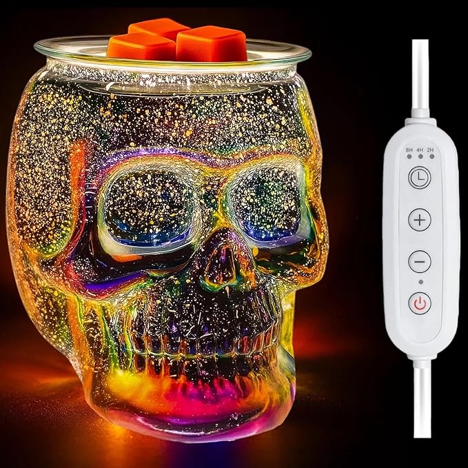 Wax Melt Warmer with Timer, Wax Warmer for Scented Wax with Light Bulb, Electric Skull Wax Burner, Halloween Fragrance Wax Melter for Home and Gifts (Rainbow Skull with Timer)