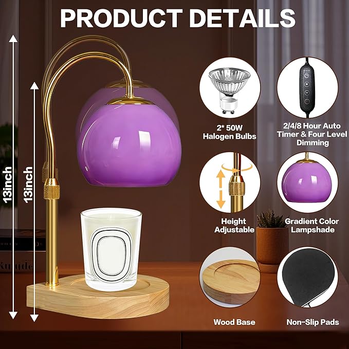 Candle Warmer Lamp with Timer 2H/4H/8H, Adjustable Height Dimmable Candle Lamp with 2 Bulbs, Wax Melt Warmer for Jar Candles, House Warming, Home Decor, Christmas Gifts for Women Mom(Purple)
