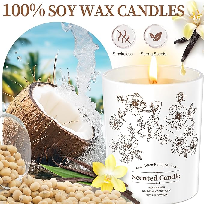 Deluxe Scented Candle for Women & Men, Vanilla Coconut Soy Wax Candle, 5.2 Oz Jar Candle for Home, Scented-40 Hour Long Lasting Burning, Suitable Present for Thanksgiving, Christmas & Birthday