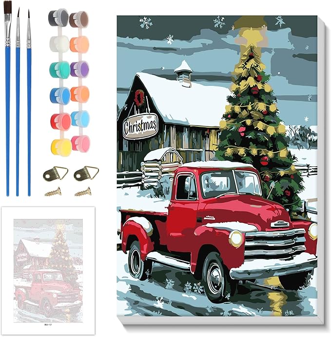 Skyboda Red Truck Paint by Numbers Kit for Adults Beginners with Frame, Christmas Tree Adult Paint by Number Kits on Canvas, Easy DIY Oil Painting Kits for Home Decor, 8x12in