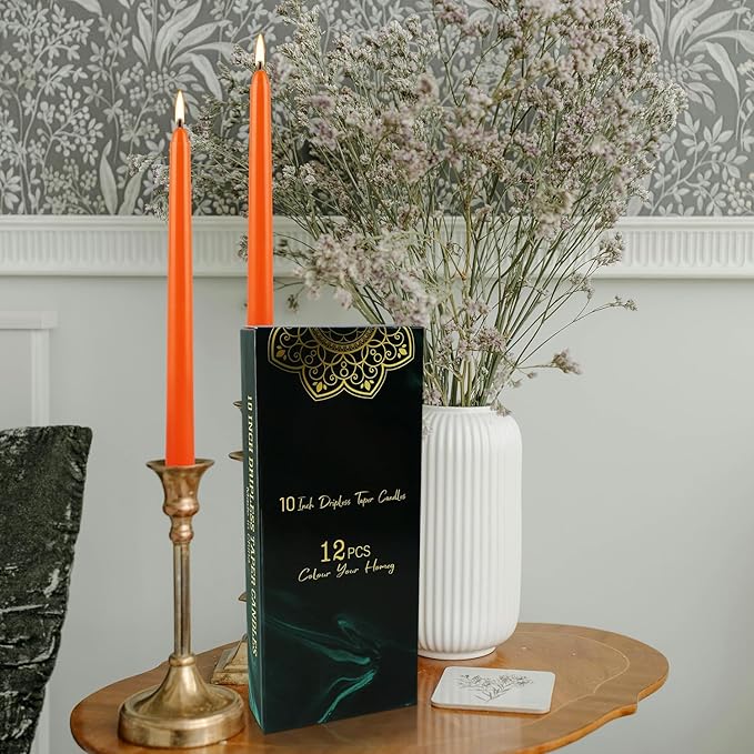12-Pack 10-Inch Orange Taper Candles - Cotton Core, Clean Burning unscented, Drip-Free & Smokeless, Elegant Conical Design for Halloween, Weddings & Family Celebrations