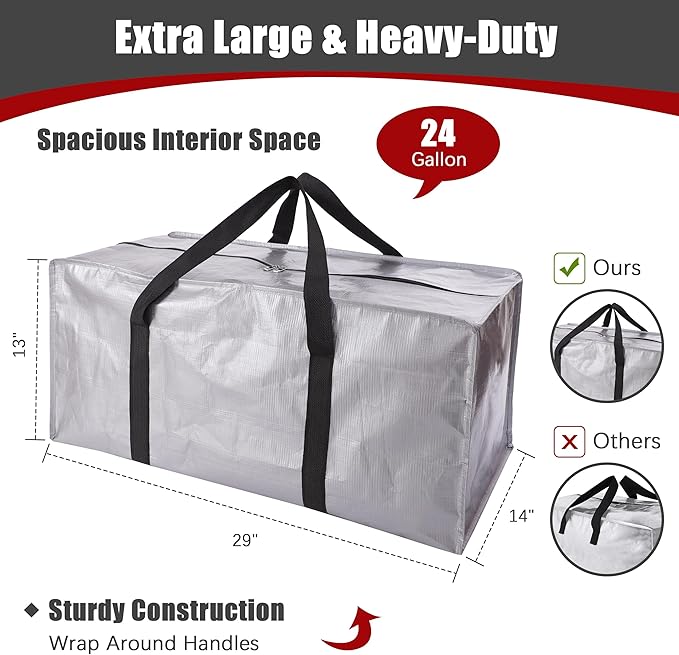 PANDA JOYS Extra Large Moving Bags with Zippers & Carrying Handles, Heavy-Duty Storage Tote for Space Saving Moving Storage, Fold Flat, Alternative to Box and Bin - 8 Pack, Silver