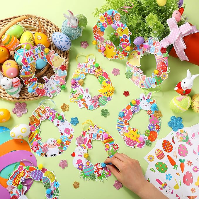Hollowfly 48 Sets Easter Wreath Craft Kits DIY Easter Egg Wreath Hanging Ornaments Make Your Own Paper Craft with Stickers for Holiday Party Favors Home Activities Front Door Decor
