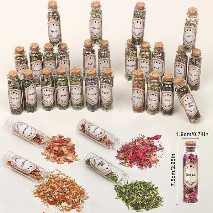 30 Pack Witchcraft Supplies Herbs, Dried Herbs and Flowers Bottles Kit for Witch Beginner, Wiccan, Wicca Altar Supplies, Magic Spell, Candle and Soap Making, with Witchy Spoon, Bell and More
