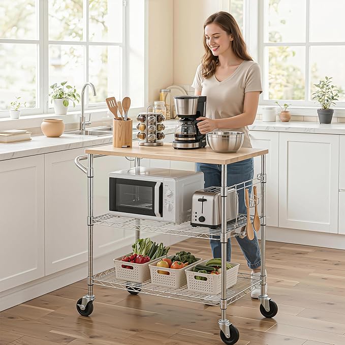 Finnhomy 3-Tier Rolling Kitchen Cart With 18" D x 30" W Oak Wood Tabletop, Kitchen Island With 4" Wheels and Slider Shelf, Microwave & Coffee Cart With Hooks for Dining Room, Chrome
