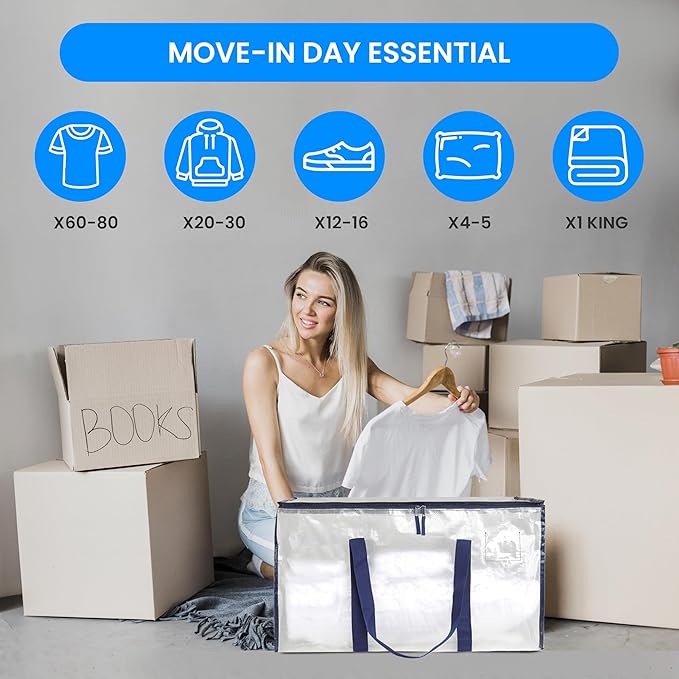 Simple Deluxe 4 Pack Extra Large Moving Bags with Lids, Reinforced Handles and Zippers, Heavy Duty Storage Tote for Moving Travel Camping Space Saving, White