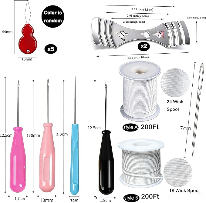 TYMKLMZG Mold Punch Needle with Hook & Eye,Candle Wick Inserting Tool for Molds Large-Eye Needle for Candle Silicone Molds,Candle Wick Roll 200 Ft 24 Wick Spool(2 Style),Threader,Candle Wick Holders