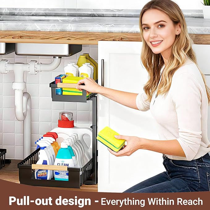 Under Sink Organizer, L-Shape 2 Tier Pull Out Cabinet Organizer with Adjustable Height, Metal Sliding Storage Rack for Kitchen Bathroom Pantry, Black, 2 Pack