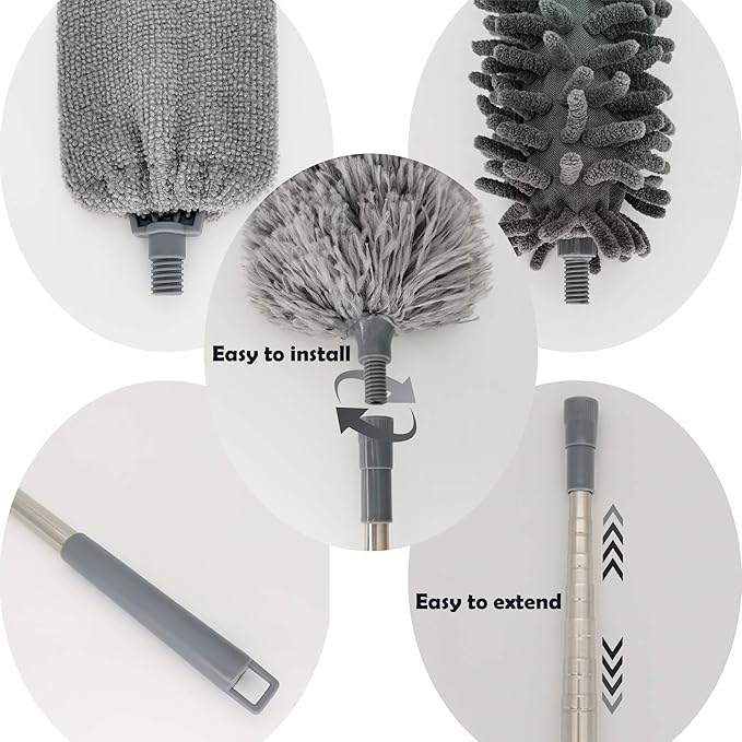 5-in-1 Microfiber Duster with Extension Pole (30-100") Kit for High Ceiling, Fan, Cobweb, Blind & Furniture, Bendable Washable Heads, Reusable Dusters for Cleaning