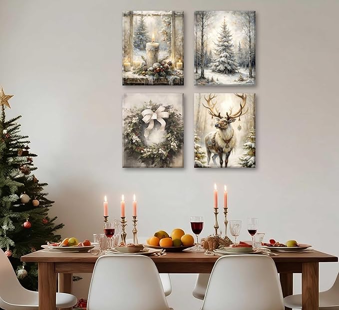 Paint by Number Kit for Adults & Kids, 4 Pack Winter Christmas Scenes (Reindeer, Snowy Tree, Candle Display, Wreath) 12x16Inch Unframed, DIY Acrylic Painting Kit with Brushes & Paints