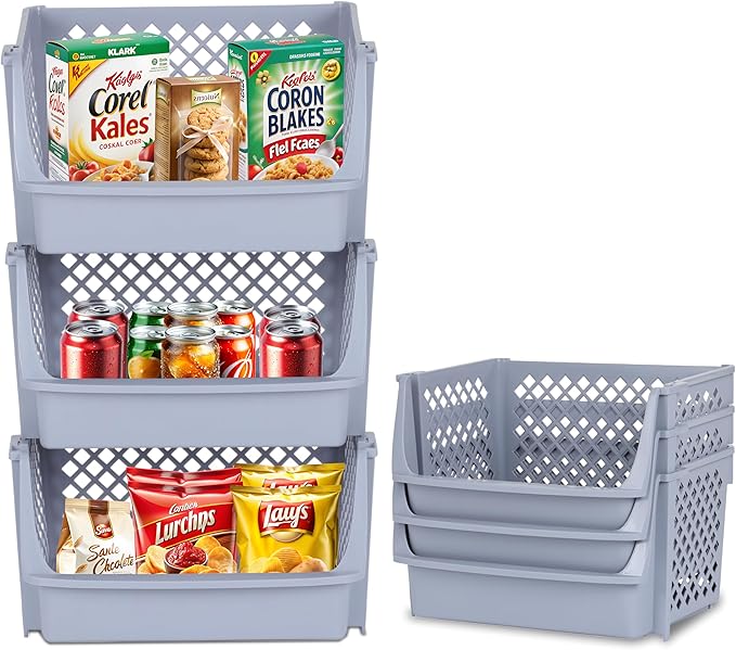 Skywin TidyFriend Plastic Stackable Bins for Pantry, 3 Pack Large Stacking Bins Open Front, Toy Organizers, Kitchen, and Bathroom Essentials (Light Grey)
