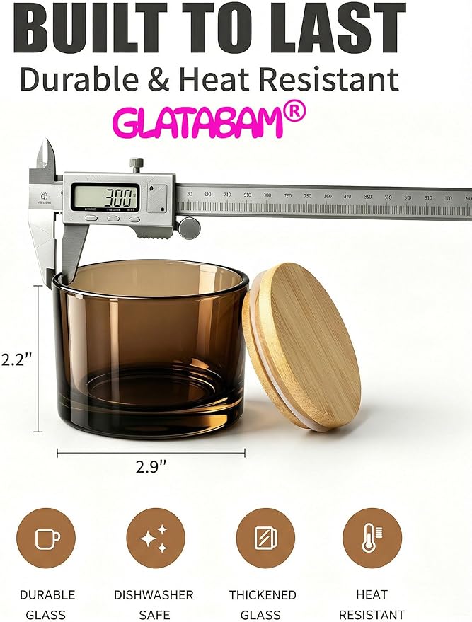 GLATABAM 4 OZ Candle Jars 12 Pack - Bulk Glass Candle Making Jars with Bamboo Lids & Labels, Heat Resistant Empty Reusable Candle Vessel for Containers(Amber)