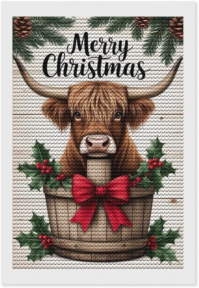 AIVKIEJK Diamond Painting Kits for Adults - Highland Cow Merry Christmas Painting DIY 5D Full Drill Diamond Dots Paintings with Diamonds Gem Art and Crafts Home Decor 8"x12"