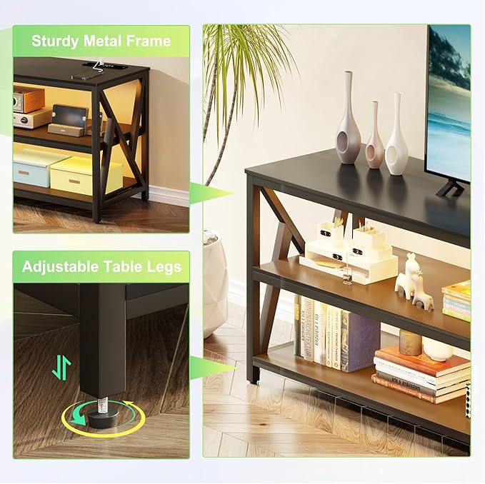 Lvifur LED TV Stand for 65 70 75 inch TV, Auto Sensor Entertainment Center with RGB Dimmable Lights, TV Console Table with Open Storage Shelves and Metal Frame (Black)
