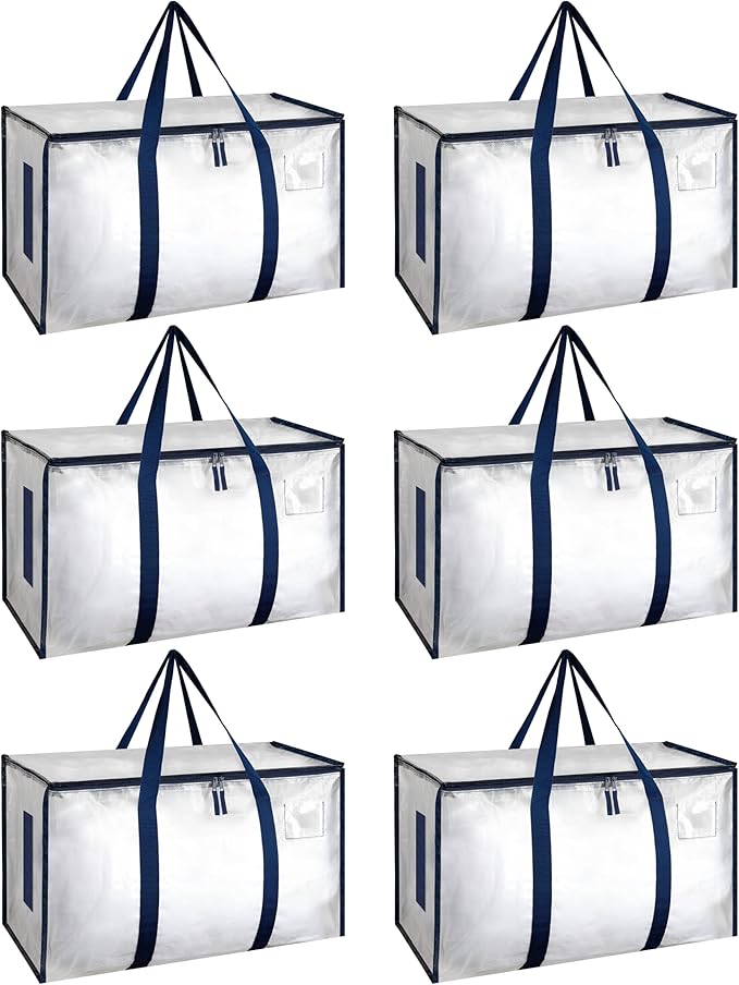 HealSmart 6 Pack Large Moving Bags with Zippers & Handles, Moving Supplies with lids, Heavy Duty Totes for Space Saving, Fold Flat, Moving and Storing, Clear