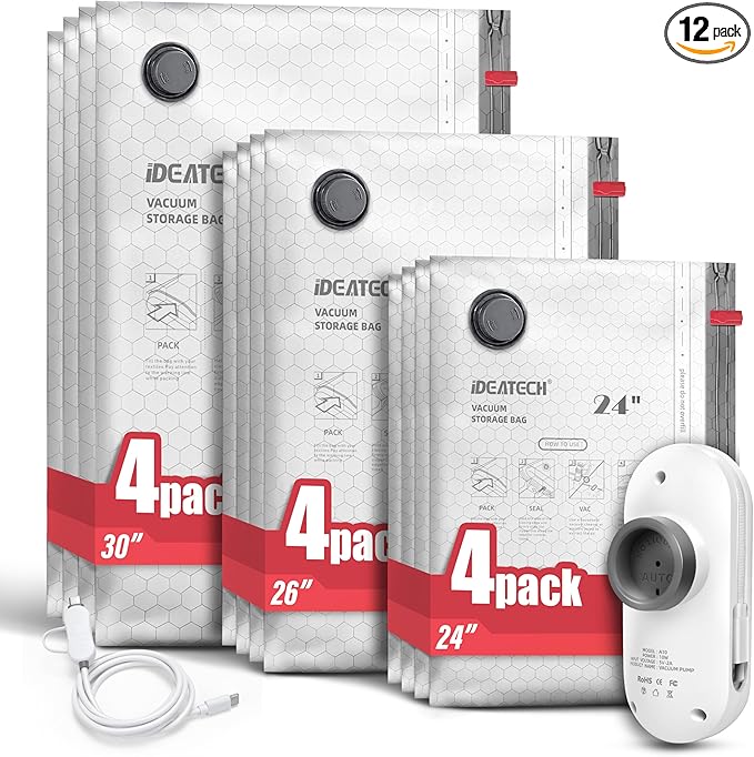 IDEATECH 12 Pack Travel Vacuum Storage Bags with USB Pump, Carry-On Size Compression Packing Bags, Space Saver Vacuum Seal Bags for Clothing, Luggage & Home Storage, Essential Travel Pack-4S+4M+4L