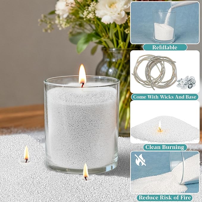 Sukh Snow Pearled-Candles with Wicks - DIY Snow Candle Wax with Wicks,Wax,Refillable for Making,Weddings,Partie (Silver)