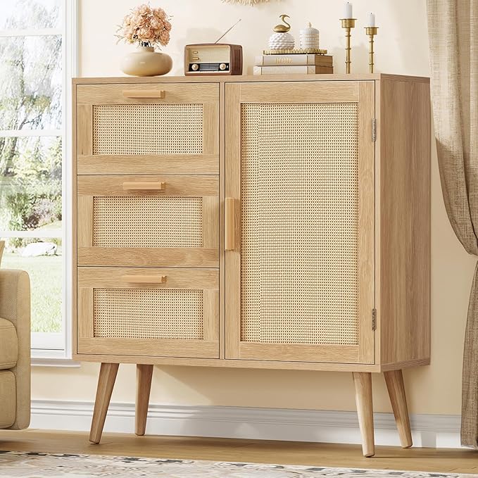 TEENFON Storage Cabinet with Rattan Door & 3 Drawers, Rattan Cabinet with Adjustable Shelf, Sideboard Buffet Cabinets with Storage, Entryway Cabinets, for Living Room, Dining Room, Entryway, Natural