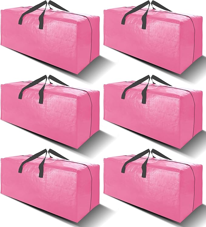 VELVETSURE 6 Pack Heavy Duty Large Moving Bags W/Backpack Straps - Strong Handles & Zippers, Storage Totes For Space Saving, Fold Flat, Alternative to Moving Box and Storage Bin, Pink